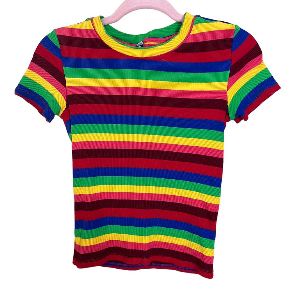 Design Lab Lord & Taylor bright rainbow knit shirt small